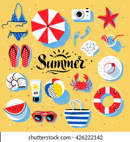 Vector summertime top view illustrations set with Summer word lettering on beach sand background.