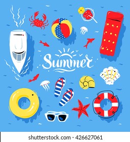 Vector summertime top view illustrations set with Summer word lettering on blue water background.