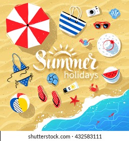 Vector summertime top view illustrations set with Summer word lettering on beach sand and sea water background.