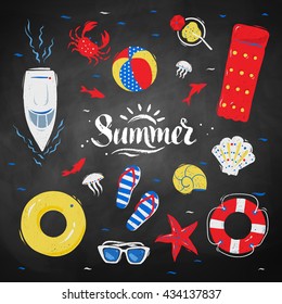 Vector summertime top view illustrations set with Summer word lettering on chalkboard background.