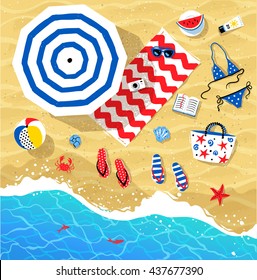 Vector summertime top view illustrations set on beach sand and sea water background.