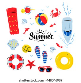 Vector summertime top view illustrations set with Summer word lettering on white background.