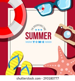 Vector summertime traveling illustration. Card with summer accessories, star, camera, flip flop, photo and other