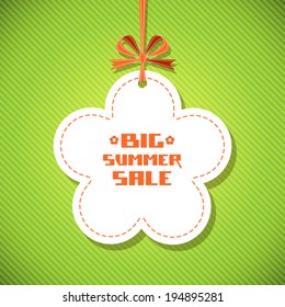 Vector summery flower banner. Green background with ribbon and bow. Big summer sale. Illustration for print, web