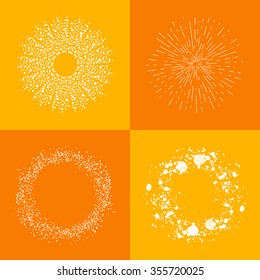 Vector sun abstract symbols collection. Dots geometric ring and circle set for touristic and weather design. Summer travel isolated elements. Sunset modern illustration with a lot of particles.