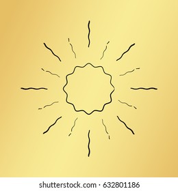 Vector sun burst vintage hand drawn hipster retro ray logo template. Golden shiny metal texture background. Radial thin ink brush black paint lines. Banner design explosion concept idea frame border.
