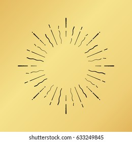 Vector sun burst vintage hand drawn hipster retro ray logo template. Golden shiny metal texture background. Radial thin ink brush black paint lines. Banner design explosion concept idea frame border.