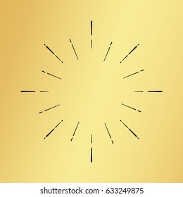 Vector sun burst vintage hand drawn hipster retro ray logo template. Golden shiny metal texture background. Radial thin ink brush black paint lines. Banner design explosion concept idea frame border.