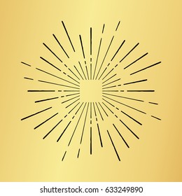 Vector sun burst vintage hand drawn hipster retro ray logo template. Golden shiny metal texture background. Radial thin ink brush black paint lines. Banner design explosion concept idea frame border.