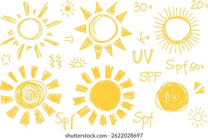 vector sun, children's illustration hand drawn imitation pencil SPF UV protection