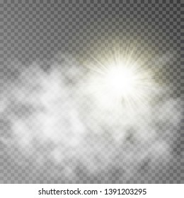 Vector sun and cloud isolate on background. Transparent Sunny sky effect. Realistic sun ray light and fog or smoke texture design. Vector illustration.