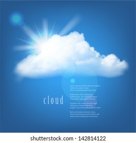 Vector sun and cloud on blue background with copy space.