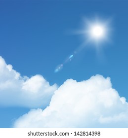 Vector sun and cloud on blue sky.