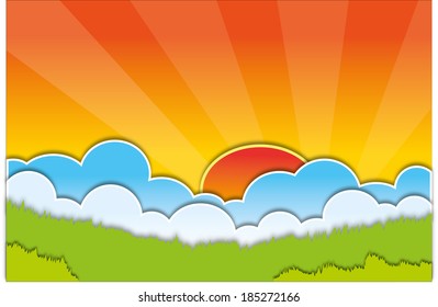 Vector sun with clouds background