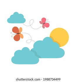 Vector sun, clouds and butterflies isolated on white background. Peaceful sky in a flat style 