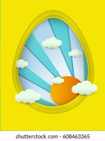Vector of sun and clouds in egg concept,happy easter day,paper art style.Vector illustration