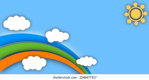 Vector Sun clouds rainbow and blue sky  paper cut design poster banner   brochure presentation wallpaper background.
