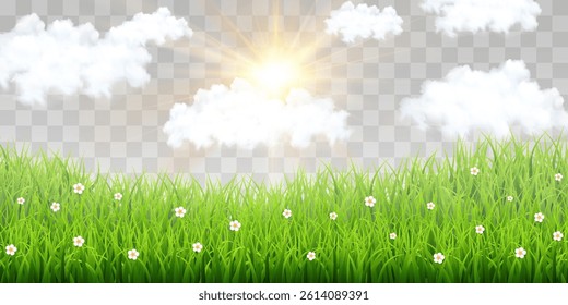 Vector sun cloudy sky with green grass. Spring grass and cloud texture, lawn, nature sky. Vector weather element on png background. Glow light effect with cloud. Isolated on transparent background.