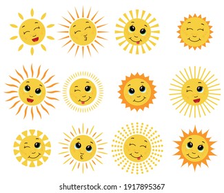 Vector sun collection. Illustration of sunnies shapes. Sunny and good weather. Solar icons symbol set. 
Yellow emoji icon set on white background. Pattern, backround.