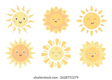 Vector sun. Cute children's illustration on a white background. Cheerful orange sun smiling