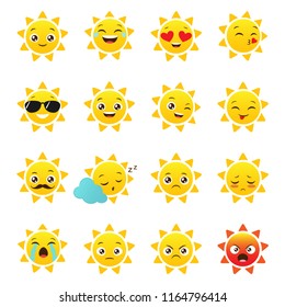 Vector sun emojis on a white background. Set of funny emoticons for summer design