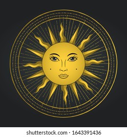 Vector sun with face in occult circle. Mythology element. Cosmic object with beams, rays in bright colors. Occultism decoration