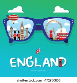 vector sun glass with England icon reflection. Vector concept. London, England Vector travel destinations icon set, Info graphic elements for traveling to England.