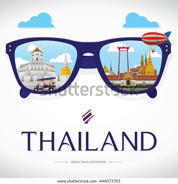 Vector
sun glass with Thailand icon reflection. Vector concept. Thailand
travel destination concept, Travel design templates collection,
Info graphic elements for traveling to
Thailand.