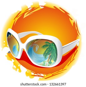 vector sun glasses with tropical beach reflection