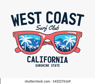 Vector sun glasses with tropical beach reflection illustration, for t-shirt print and other uses