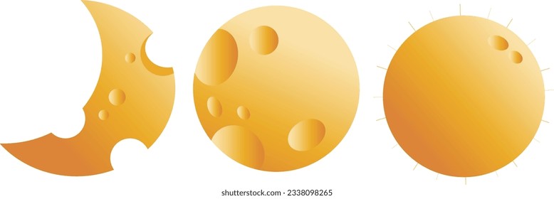 Vector sun icon. Vector full moon icon. Vector crescent moon icon. Vector illustration. Eps 10.