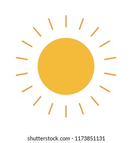 Vector sun icon isolated on white background. Simple sun logo sign or symbol. Pictogram of summer and fair weather. Modern trendy flat style. Copyspace, high quality illustration. Template image. 