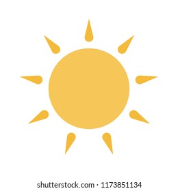 Vector sun icon isolated on white background. Simple sun logo sign or symbol. Pictogram of summer and fair weather. Modern trendy flat style. Copyspace, high quality illustration. Template image. 