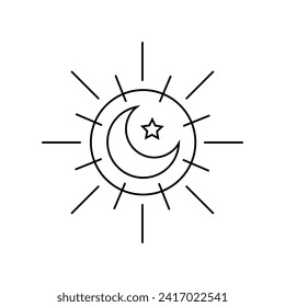 Icono de sol vectorial con luna y estrella sobre fondo blanco. Firma, símbolo, icono.
