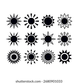 Conjunto de iconos de sol de Vector con varios estilos geométricos Recurso gráfico en blanco y negro para Diseños de verano y conceptos de Clima