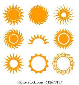 Vector sun icon set. Yellow summer logo collection