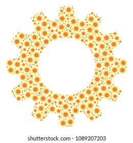 Vector sun icons are combined into gear illustration. Equipment design concept constructed from sun pictograms.