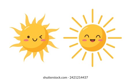 Vector sun icons in Kawaii style. Isolated on a white background. Flat design.