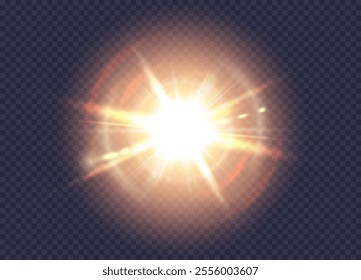 Vector sun lens flare. Glow translucent sunlight special lens flare light effect on transparent background. Isolated blur flash rays and spotlight. Abstract golden front star burst with spark