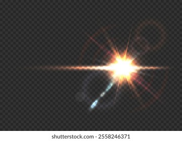 Vector sun lens flare. Glow translucent sunlight special lens flare light effect on transparent background. Isolated blur flash rays and spotlight. Abstract golden front star burst with spark