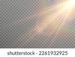 Vector sun light with glare. Golden flash png. Sun rays png. Glare from the sun, dawn, light effect.