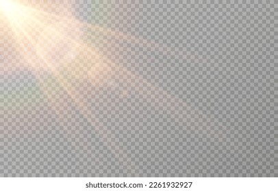 Vektorsonnenlicht mit Brille. Goldener Blitz. Sonnenstrahlen pingeln. Blick von der Sonne, Morgengrauen, Lichteffekt.