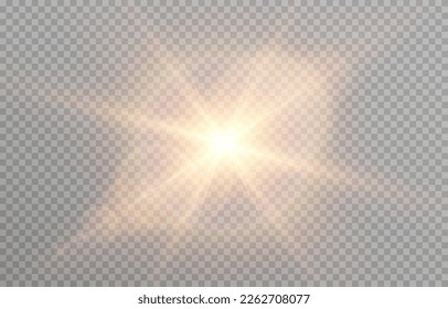 Vector sun light with glare. Golden flash png. Sun rays png. Glare from the sun, dawn, light effect.