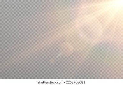 Vector sun light with glare. Golden flash png. Sun rays png. Glare from the sun, dawn, light effect.