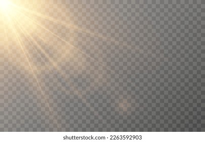 Vector sun light with glare. Golden flash png. Sun rays png. Glare from the sun, dawn, light effect.