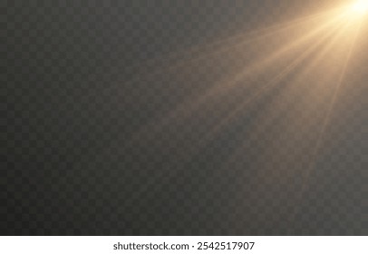 Luz solar vetorial com brilho. Png flash dourado. Raios solares png. Reflexo do sol, amanhecer, efeito de luz.