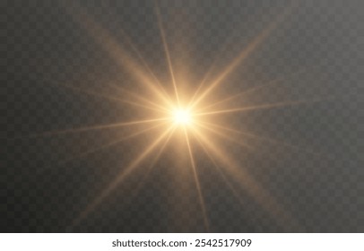 Luz solar vetorial com brilho. Png flash dourado. Raios solares png. Reflexo do sol, amanhecer, efeito de luz.