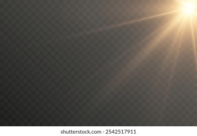 Luz solar vetorial com brilho. Png flash dourado. Raios solares png. Reflexo do sol, amanhecer, efeito de luz.