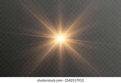 Luz solar vetorial com brilho. Png flash dourado. Raios solares png. Reflexo do sol, amanhecer, efeito de luz.