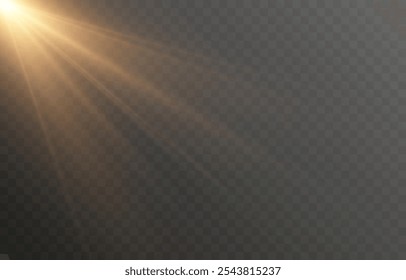 Luz solar vetorial com brilho. Png flash dourado. Raios solares png. Reflexo do sol, amanhecer, efeito de luz.